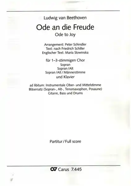 Ode an die Freude für 1-3 stimmigen Chor (SAM) und Klavier (Bläser/Band ad lib) Billig