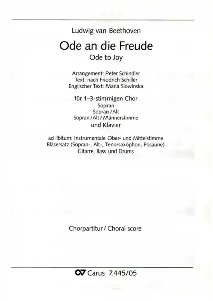 Ode an die Freude für 1-3 stimmigen Chor (SAM) und Klavier (Bläser/Band ad lib) Begrenztes Angebot