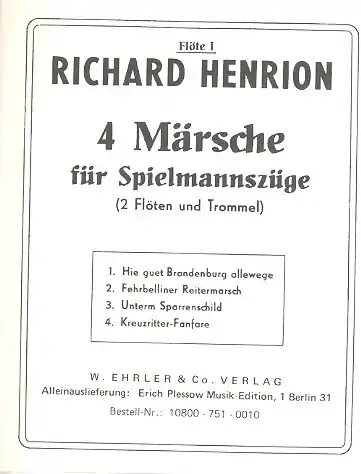 Billig 4 Märsche für Spielmannszüge (2 Flöten und Trommel)