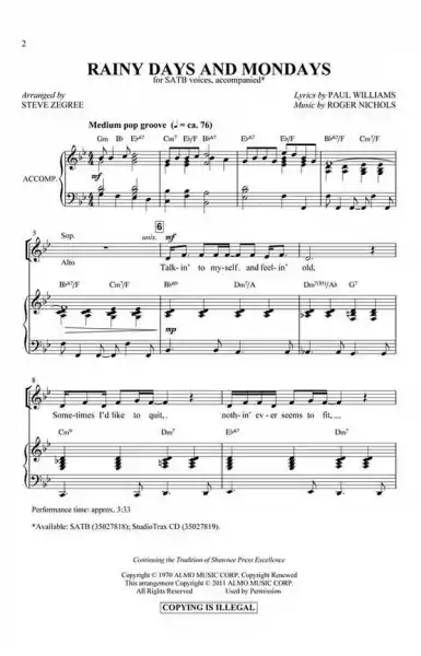 Rainy Days and Mondays for mixed chorus and piano Neuheit
