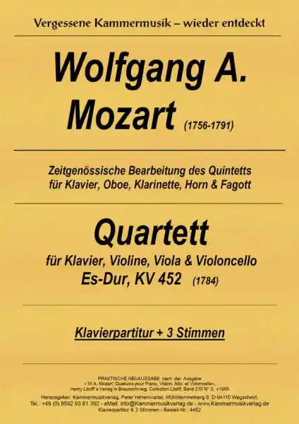 Günstig Quartett Es-Dur KV452 für Klavier, Violine, Viola und Violoncello