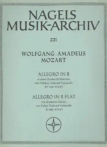 Allegro B-Dur KV Anh91 (KV516c) für Klarinette, 2 Violinen, Viola und Violoncello Jetzt Kaufen