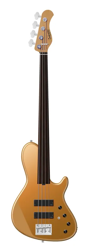 Bestseller Sadowsky MasterBuilt 24-Fret Single Cut Bass, Red Alder Body, Tigerstripe Ebony Fingerboard, 4-String, Fretless - Solid Firemist Gold Metallic Satin