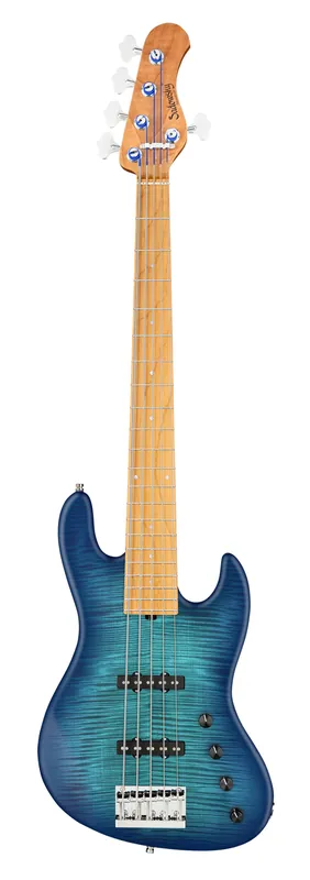 Zertifiziert Sadowsky MetroLine Deluxe 21-Fret Standard J/J Bass, Okoume Body, Roasted Maple Fingerboard, 5-String - Bora Blue Burst Transparent Satin