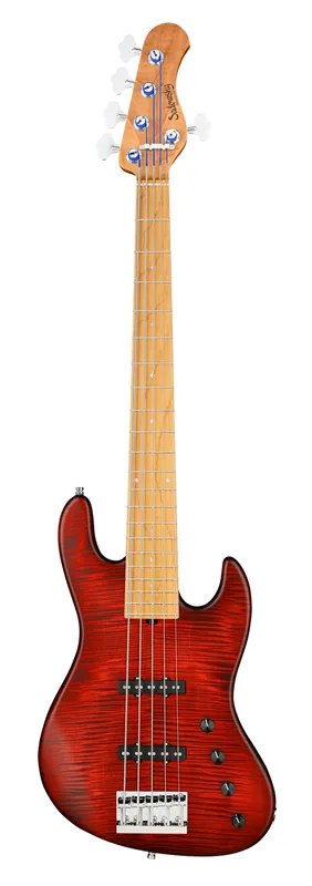 Gratis Versand Sadowsky MetroLine Deluxe 21-Fret Standard J/J Bass, Okoume Body, Roasted Maple Fingerboard, 5-String - Burgundy Red Transparent Satin