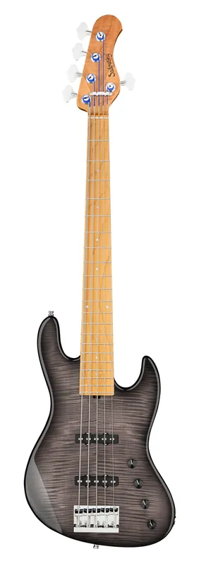 Nur Heute Sadowsky MetroLine Deluxe 21-Fret Standard J/J Bass, Okoume Body, Roasted Maple Fingerboard, 5-String - Black Burst Transparent High Polish