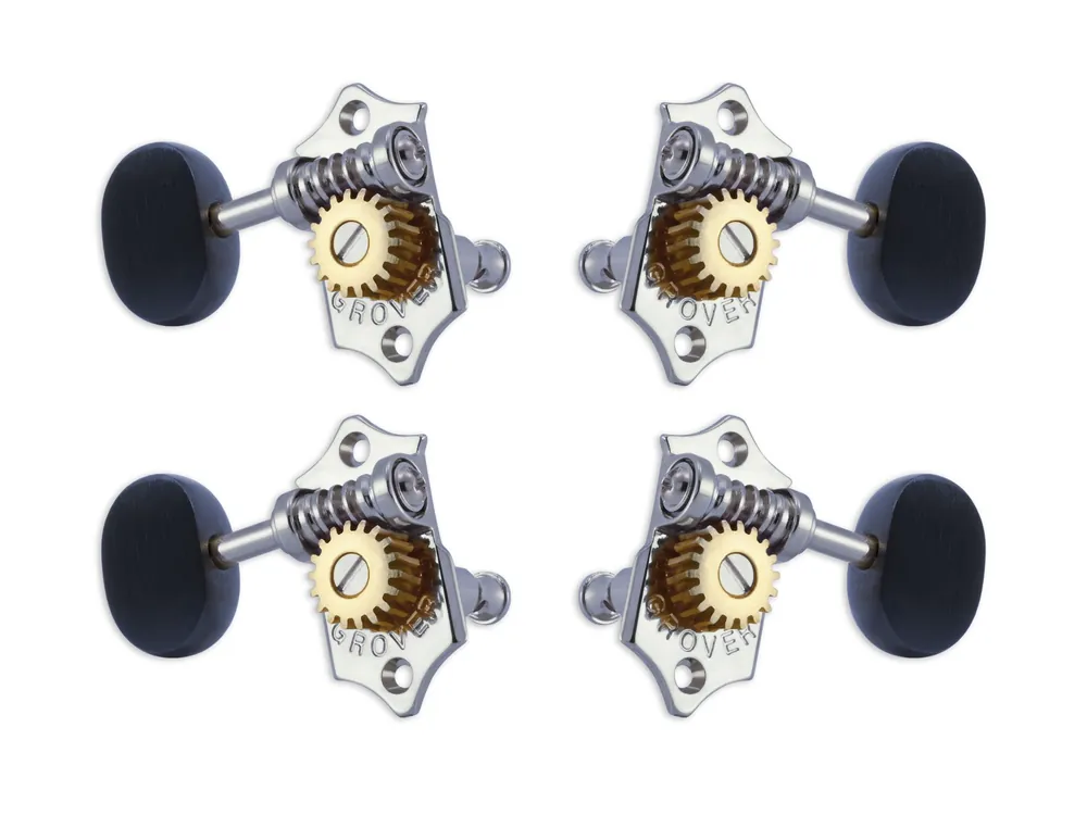 Neue Kollektion Grover U99-18CE Sta-Tite Geared Ukulele Pegs with Ebony Button, 21.3 mm Post - 4 pcs. - Chrome
