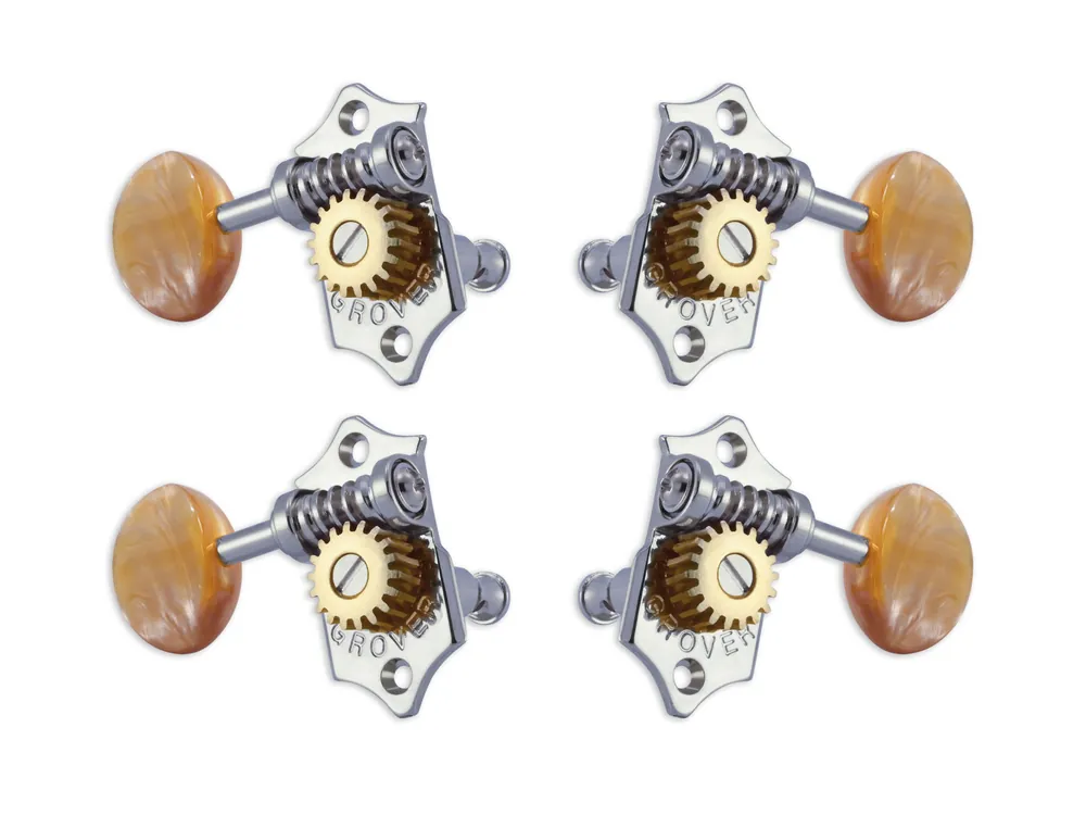Grover U99-18CA Sta-Tite Geared Ukulele Pegs with Acrylic Amber Button, 21.3 mm Post - 4 pcs. - Chrome Echt