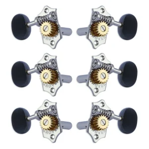 Markenprodukt Grover H97-18CAE Original Sta-Tite Machine Head with Ebony Button and 18:1 Gear Ratio, Horizontal - Guitar Machine Heads, 3 + 3 - Chrome