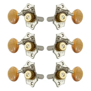 Grover H97-18NAA Original Sta-Tite Machine Head with Acrylic Amber Button and 18:1 Gear Ratio, Horizontal - Guitar Machine Heads, 3 + 3 - Nickel Top-Seller