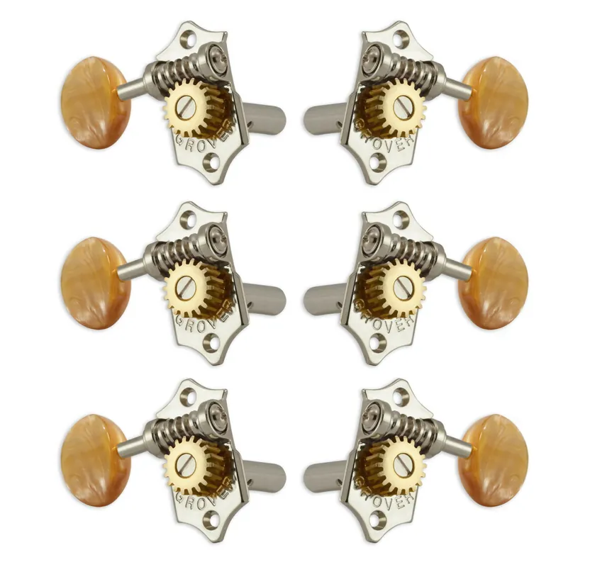 Grover H97-18NAA Original Sta-Tite Machine Head with Acrylic Amber Button and 18:1 Gear Ratio, Horizontal - Guitar Machine Heads, 3 + 3 - Nickel Top-Seller