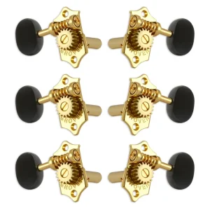 Versand Am Gleichen Tag Grover H97-18GAE Original Sta-Tite Machine Head with Ebony Button and 18:1 Gear Ratio, Horizontal - Guitar Machine Heads, 3 + 3 - Gold