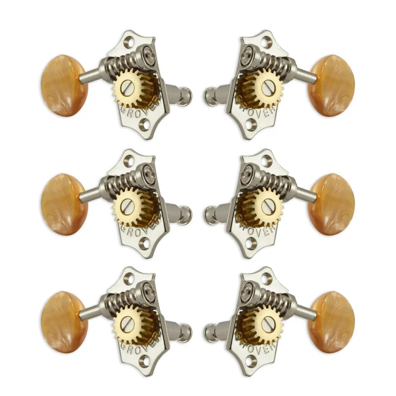 Letzte Chance Grover V97-18NAA Original Sta-Tite Machine Head with Acrylic Amber Button and 18:1 Gear Ratio, Vertical - Guitar Machine Heads, 3 + 3 - Nickel